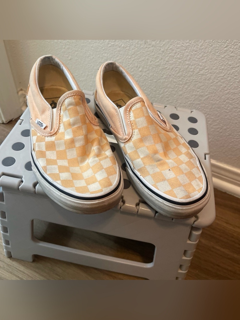 Women’s Vans Slip-On Checkerboard Sneakers - Peach & White